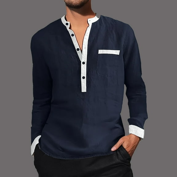 Long Sleeve Henley Shirt For Men Solid Color Retro Comfort Loose Fit Quarter Button Polo Shirt Fall Comfort Classic Basic Tops Navy L