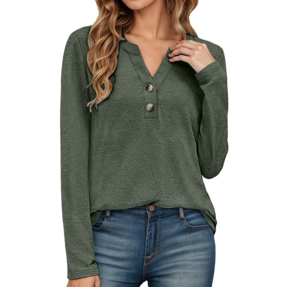 Long Sleeve Henley Shirt For Women Solid Basic Button V Neck Slim Tops 2025 Fall Fashion Dressy Casual Cothes