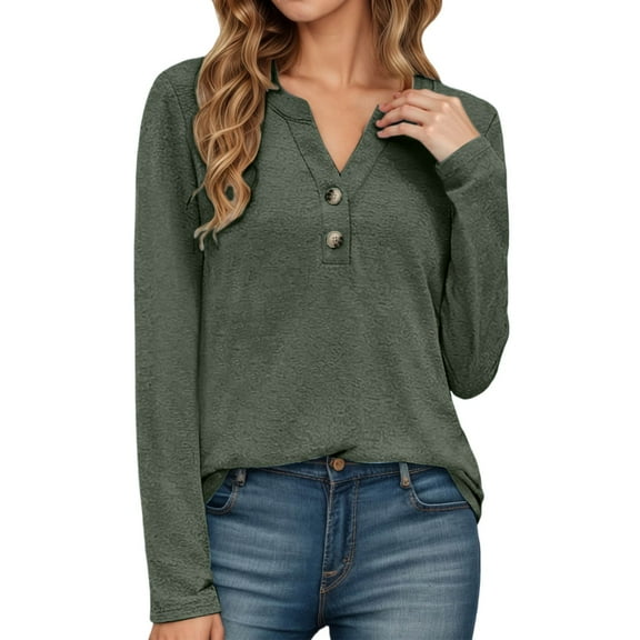 Long Sleeve Henley Shirt For Women Solid Basic Button V Neck Slim Tops 2025 Fall Fashion Dressy Casual Cothes