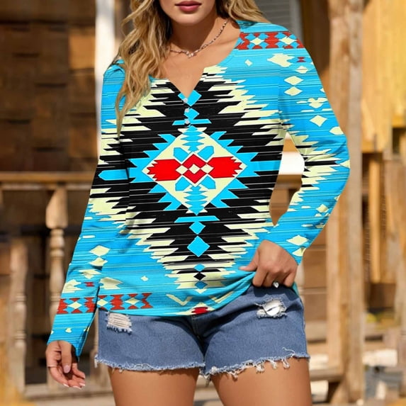 Long Sleeve Henley Shirt for Women Tribal Aztec Pattern Graphic Print Notch V Neck Relaxed Fit Southwest Style Casual Workwear Soft Lightweight Top