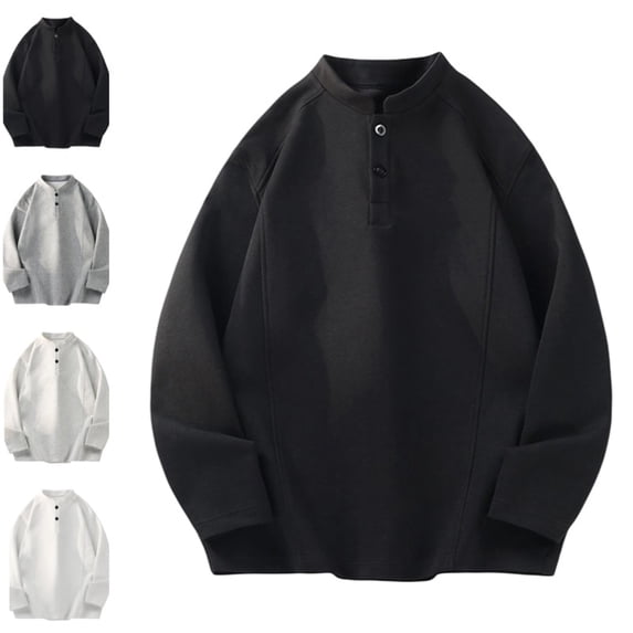 Long Sleeve Henley Shirts For Men Casual Button Down Shirt Golf Pullover V Neck Stand Collar Fashion Fall Sweatshirt Black 2XL