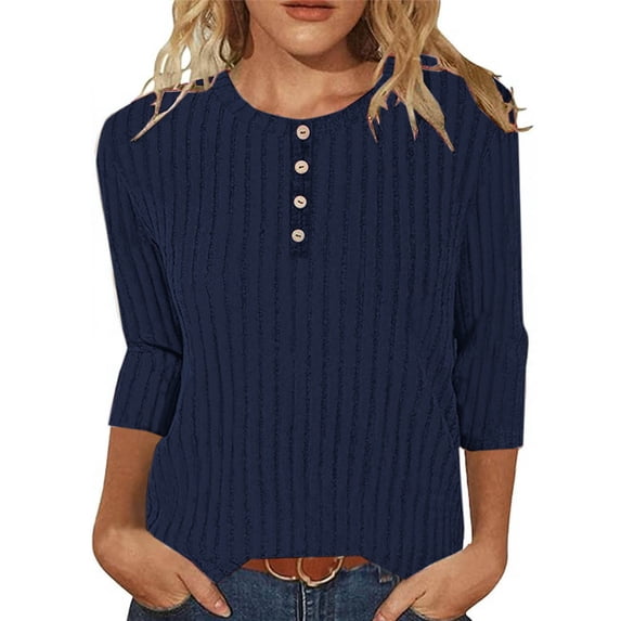 Long Sleeve Henley Shirts Women's Business Casual Lightweight Tunic Sweater Tops Blue M