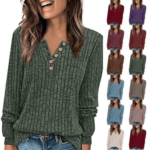 Long Sleeve Henley Shirts Womens Lightweight Sweaters 2026 Fall Casual Crewneck Tunic Tops Ribbed Soft Loose Fit Business Office Work Daily Wear Tunic Winter Dark Green 2XL