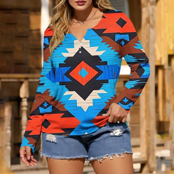 Long Sleeve Henley Top for Women Geometric Ethnic Graphic Print Notch V Neck Slim Fit Soft Breathable Casual Daily Outerwear Western Style Clothes