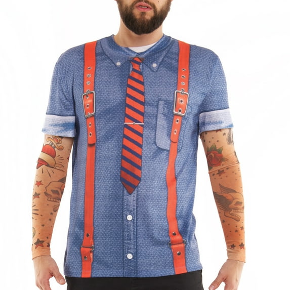 Long Sleeve: Hipster Suspenders Tattoo Costume Tee (Front/Back) Long Sleeves