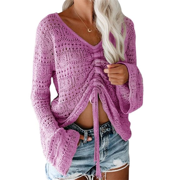 Long Sleeve Hollow-Up V-Neck Women Drawstring Knit Sweater Tops