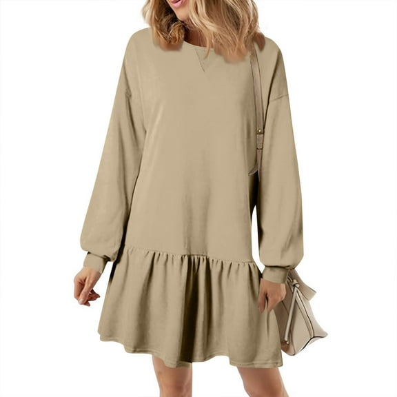 Long Sleeve Hooded Dress, Oversized Color Block Fleece Lounge Dress, Ultra Soft for Home, Gym, College & Casual Winter Wear Khaki S