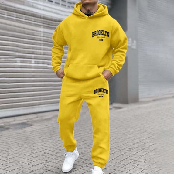 Long Sleeve Hooded Matching Joggers Sweatpants Men's Athletic 2 Pieces Tracksuit Casual Full Zip Jogging Sweat Suit Workout Sports Set Sportswear (Yellow, XL)