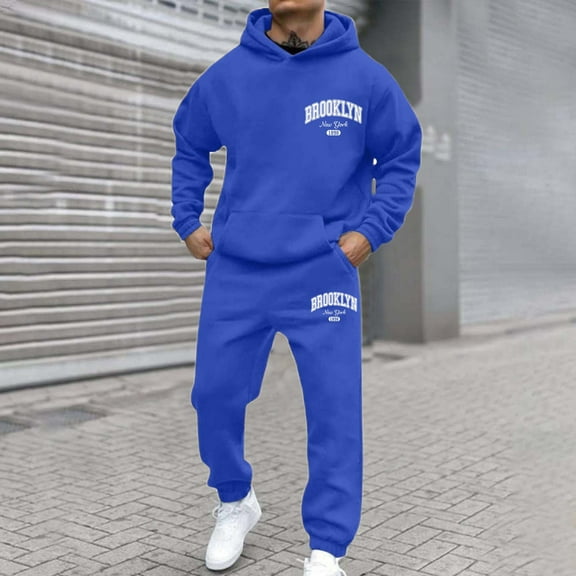 Long Sleeve Hooded Matching Joggers Sweatpants Sweat Suits For Men Set 2 Piece Drawstring Hoodie Jogger Long Sleeve Sweatsuits Hoodie and Pants (Blue, XXL)