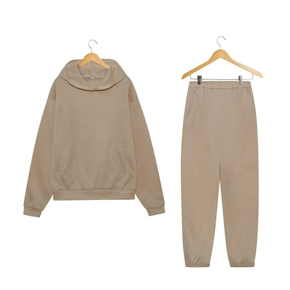 Long Sleeve Hooded Neck Plus Size Casual Solid Color Polyester Two Piece Set Of Tops And Pants,Women's Autumn Winter Sports Sweater Waist Pants Women's