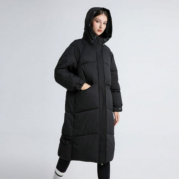 Long Sleeve Hooded Puffer Coat (L, Black)