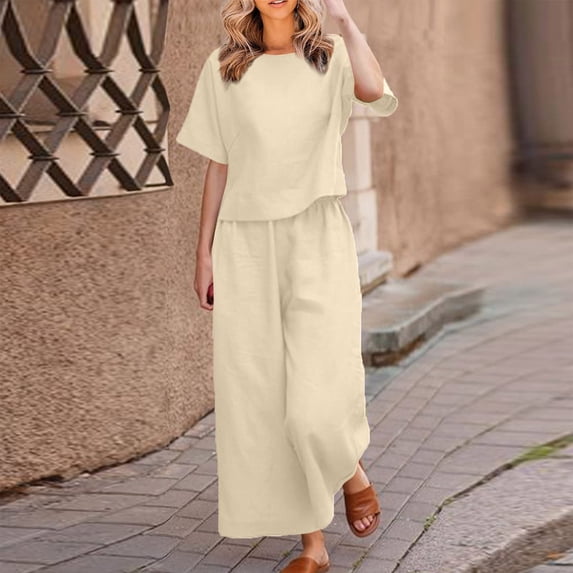 Long Sleeve Hooded Sweatsuits Cotton Linen Sets for Women Summer 2 Piece Outfits Short Sleeve Shirt and Pants Set Flowy Beach Vacation Outfits Beige L