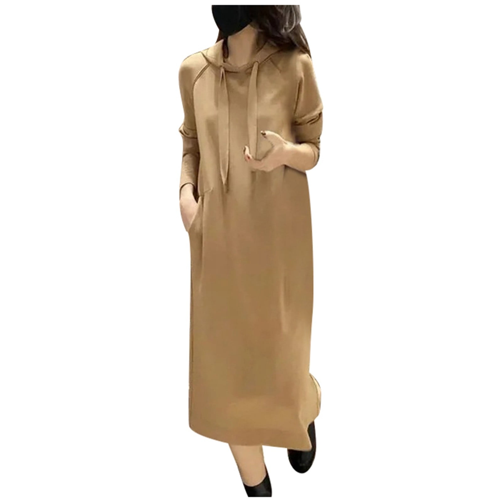 Long Sleeve Hoodie Dress For Women Plus Size Slim Fit Over Knee Solid Color  Casual Sweatshirt Dress Autumn Winter Fashion