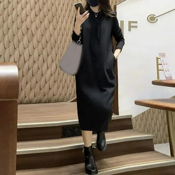 Long Sleeve Hoodie Dress For Women Plus Size Slim Fit Over Knee Solid Color Casual Sweatshirt Dress Autumn Winter Fashion Petite Gowns And Evening Dresses Business Suit Women plus Size Stretchy plus