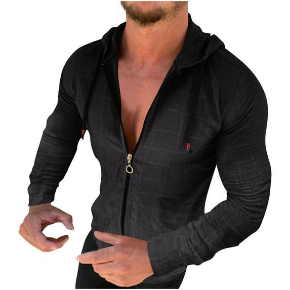 Long Sleeve Hoodie Shirts for Men Zip Up Solid Color Tops With Hood Fall Casual Slim Fit Sweatshirt Jackets (Black L)