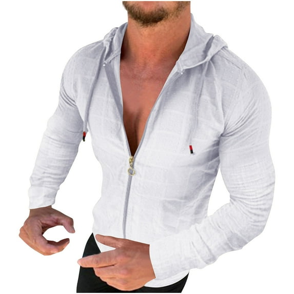 Long Sleeve Hoodie Shirts for Men Zip Up Solid Color Tops With Hood Fall Casual Slim Fit Sweatshirt Jackets (White M)