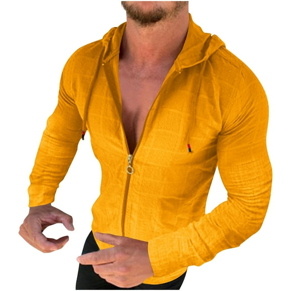 Long Sleeve Hoodie Shirts for Men Zip Up Solid Color Tops With Hood Fall Casual Slim Fit Sweatshirt Jackets (Yellow XL)