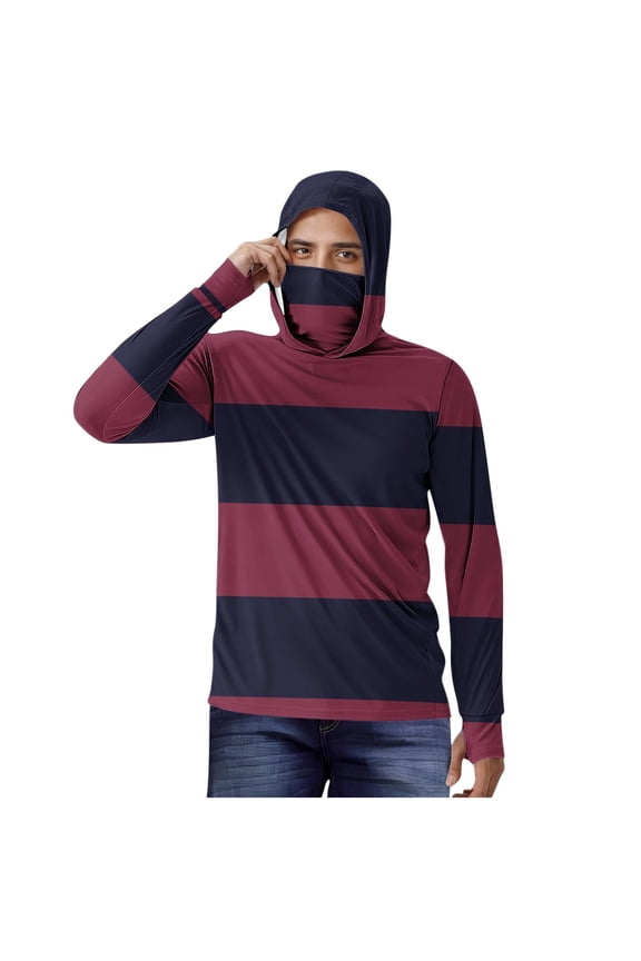 Long Sleeve Hoodie for Men Casual Striped Color Block Hooded Sweatshirt with Face Mask Summer Outdoor Streetwear for Fishing