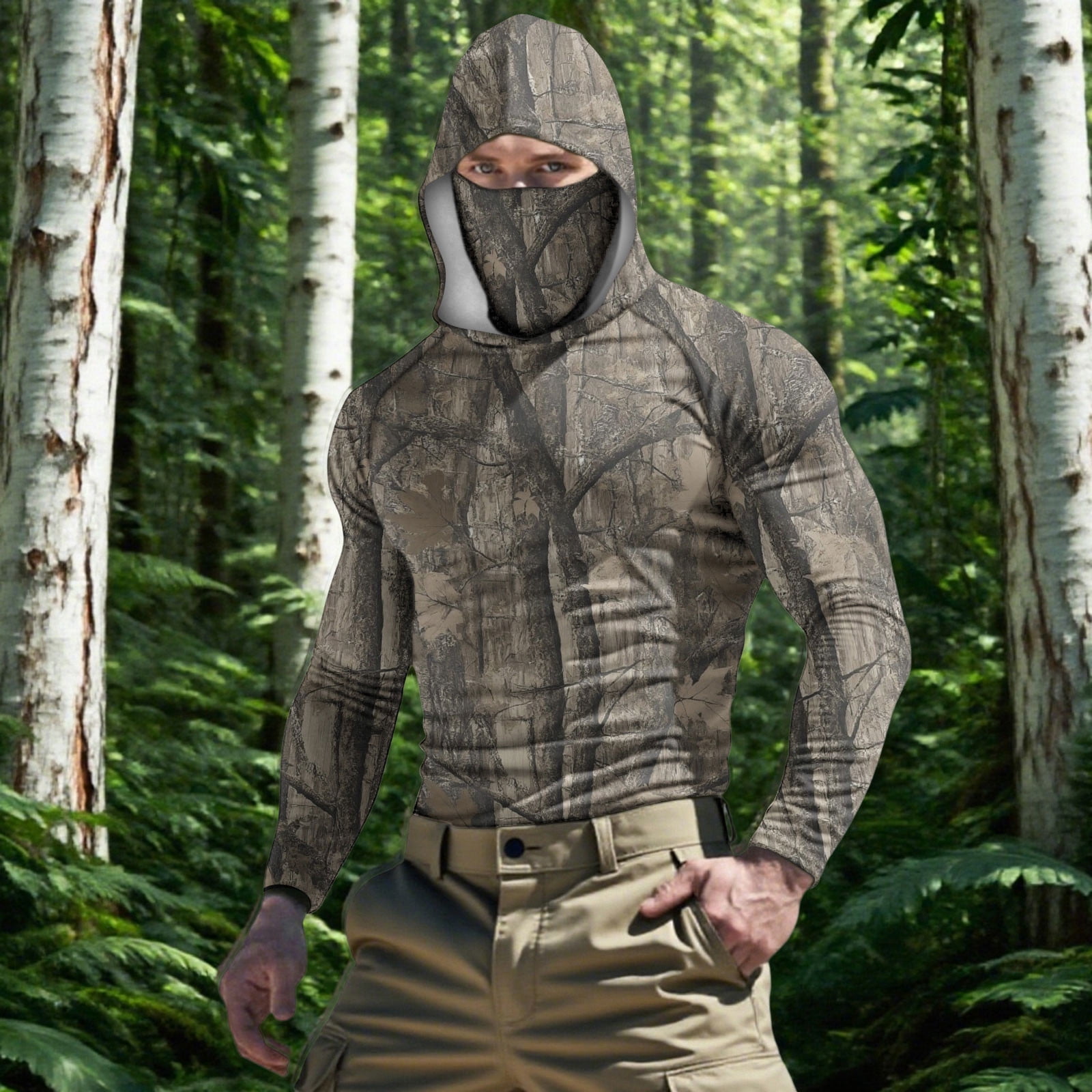 Long Sleeve Hoodie for Men with Mask Sun Protection Big and Tall Camo ...