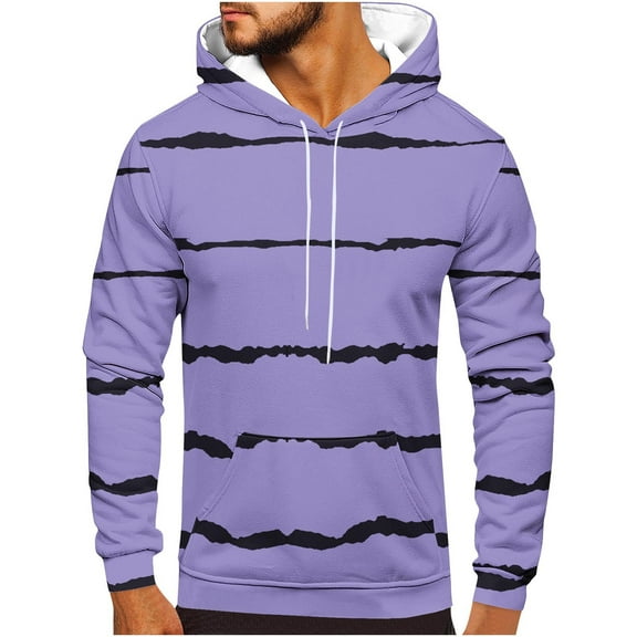 Long Sleeve Hoodies for Men with Front Pocket Big & Tall Plus Size Pullover Sweatshirts Casual Stripe Printed Comfort Hooded Sweatshirt S-5X