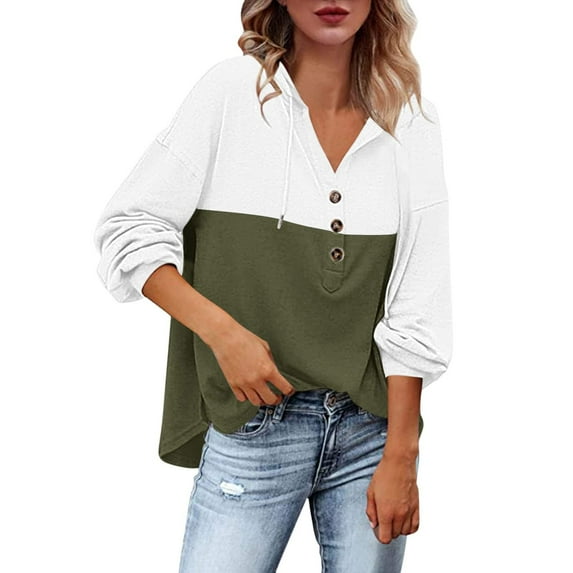 Long Sleeve Hoodies for Women, Women's Sweatshirts and Hoodie Colour Clash Button V Neck Long Sleeve Tops with Pocket Gym Clothes Thin Sweatshirt Loose Fit Activewear Comfy Outdoor Sports