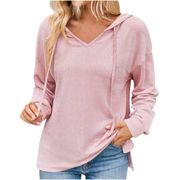 Long Sleeve Hoodies for Women Drawstring V-neck Pullover Tops Knitted Solid Loose Sweatshirt Trendy Preppy Blouses