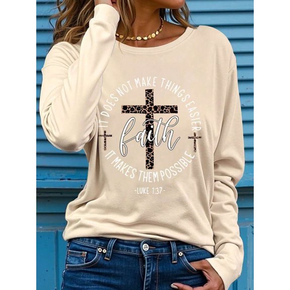Long Sleeve Inspirational Faith T-Shirt For Women - Casual Crew Neck Slight Stretch Knit Fabric Pullover T-Shirt For Fall For Spring