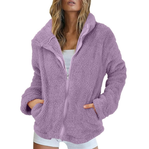 Long Sleeve Jacket Fleece Coat, Fuzzy Winter Warm Zip Up Soft Pocket Outerwear, Purple 3XL, Size XL-XXXXXXL