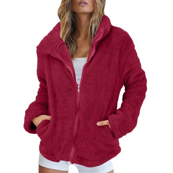 Long Sleeve Jacket Fleece Coat, Fuzzy Winter Warm Zip Up Soft Pocket Outerwear, Red 3XL, Size XL-XXXXXXL