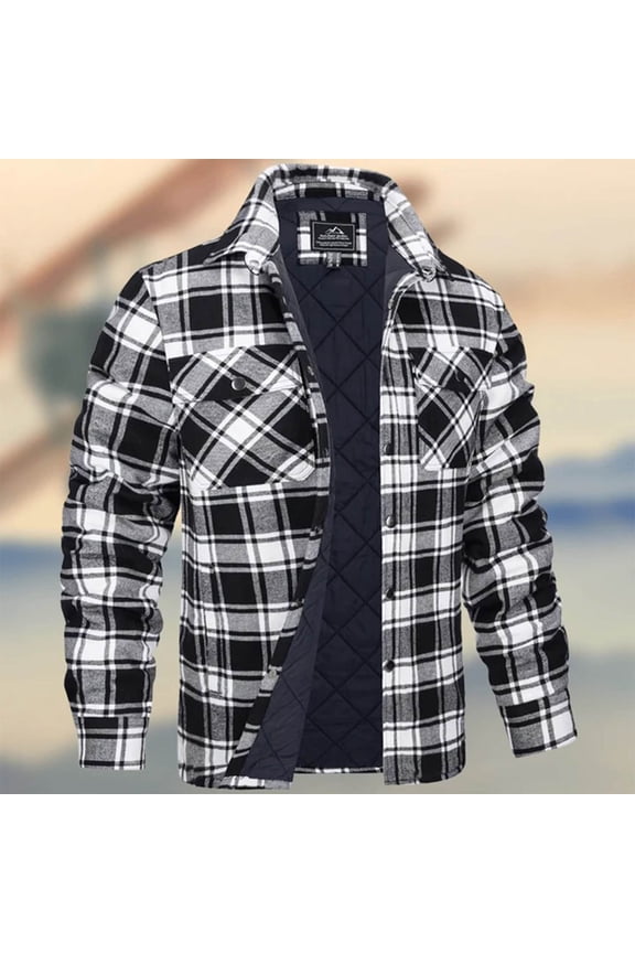 Long Sleeve Jacket for Men Fleece Black Plaid Jacket Fall Winter Warm Button-Up Men Clothing