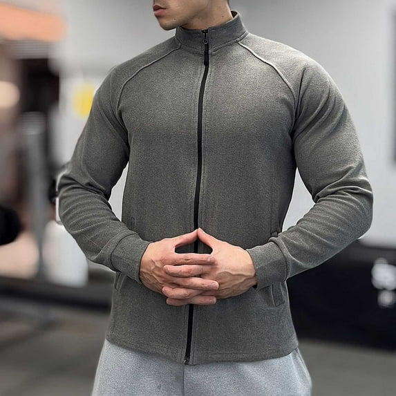 Long Sleeve Jackets for Men with Pockets Zip-Up Mock Neck Coats Mens Casual Solid Color Stretchy Slim-Fit Breathable Athletic Workout Outerwear Jacket
