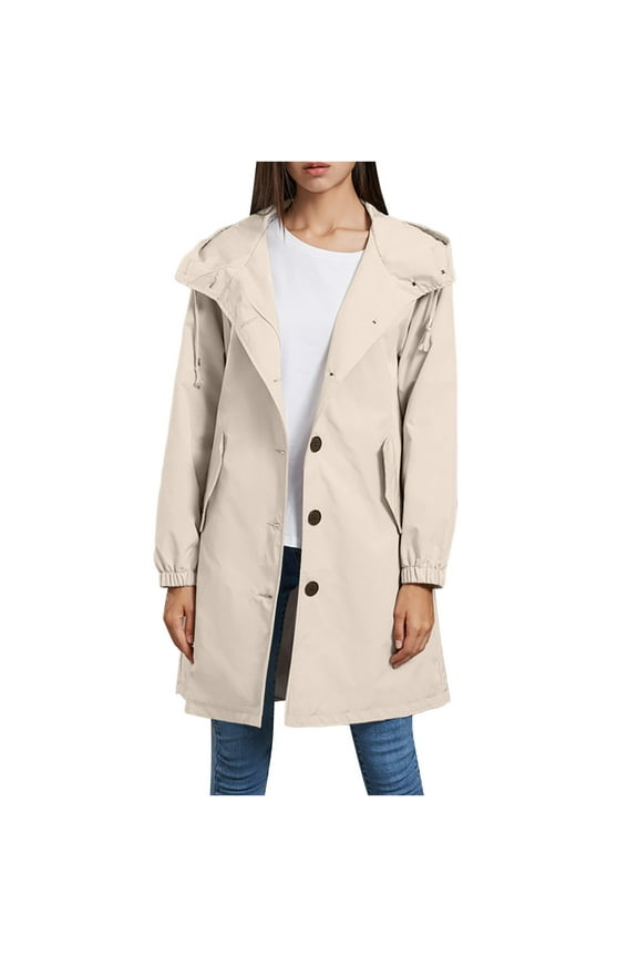 Long Sleeve Jackets for Women New Women's Long Rain Jacket Waterproof Raincoat Lightweight Hooded Windbreaker Outdoor Long Button Down Outerwear Active Hiking Rain Coat Khaki M New