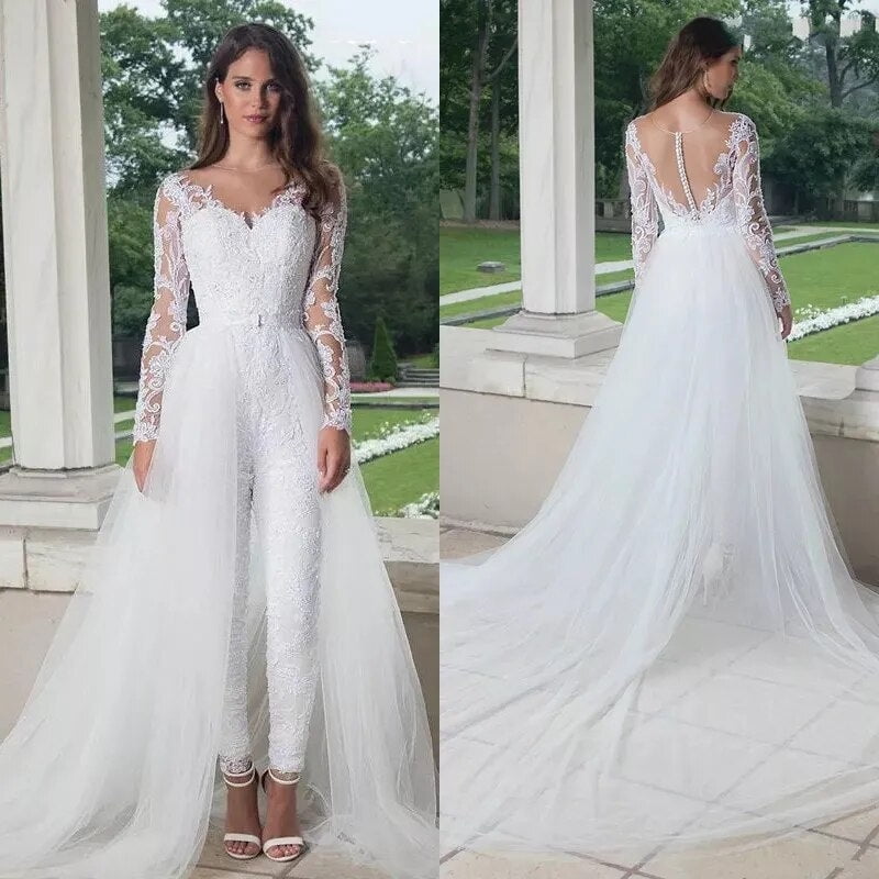 Long Sleeve Jumpsuit Wedding Dresses With Detachable Train 2021 Lace Appliques Tulle Pants Suit Bridal Gown Button Back Elegant Walmart