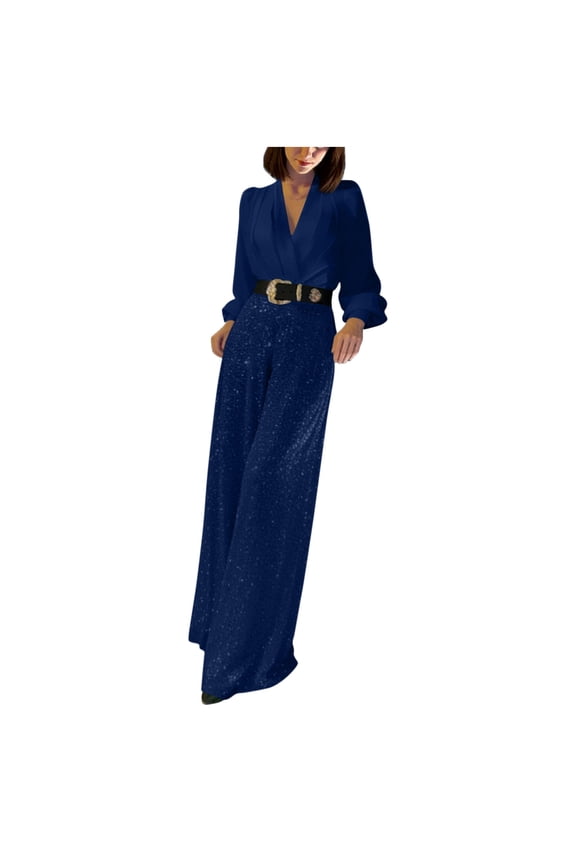 Long Sleeve Jumpsuit for Women Dressy Elegant V-Neck Tunic Waist Belt SequinLong Pants Vintage Casual Spring Rompers Navy S-3XL