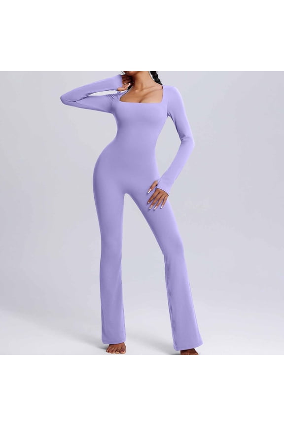 Long Sleeve Jumpsuit for Women, One Piece Square Neck Workout Full Length Rompers Purple XL