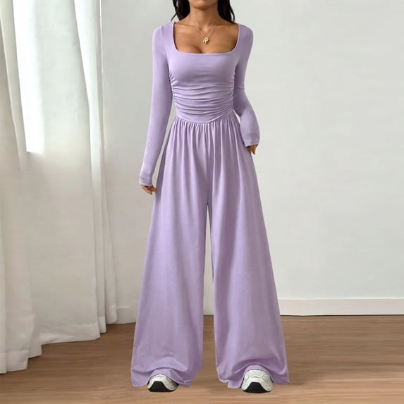 Long Sleeve Jumpsuit for Women Ruched One Piece Wide Leg Jumpsuit Baggy Square Neck Workout Romper with Pockets, 2XL
