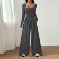 thumbnail image 1 of Long Sleeve Jumpsuit for Women Ruched One Piece Wide Leg Jumpsuit Baggy Square Neck Workout Romper with Pockets, L, 1 of 6