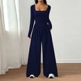 thumbnail image 1 of Long Sleeve Jumpsuit for Women Ruched One Piece Wide Leg Jumpsuit Baggy Square Neck Workout Romper with Pockets, L, 1 of 6