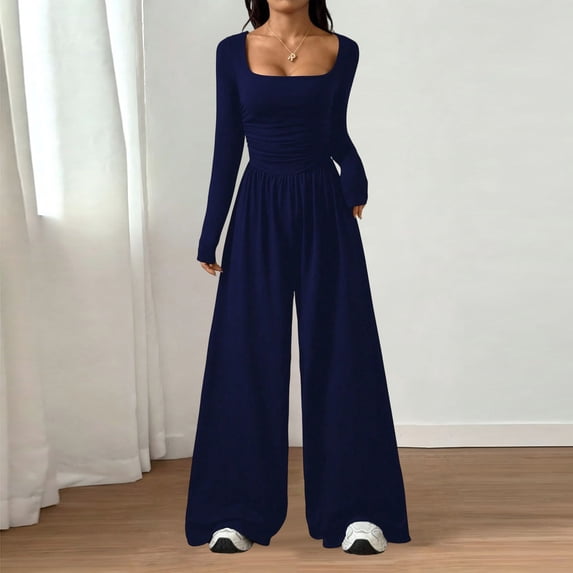 Long Sleeve Jumpsuit for Women Ruched One Piece Wide Leg Jumpsuit Baggy Square Neck Workout Romper with Pockets, L