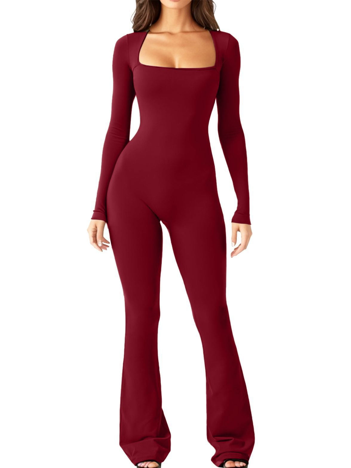 Long Sleeve Jumpsuits for Women Square Neck Wide Leg Full Length Romper