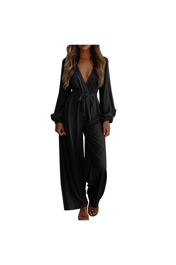 Long Sleeve Jumpsuits for Women Dressy Formal Wrapped Deep V Neck One Piece Romper Wedding Guest Jumpsuit Elegant