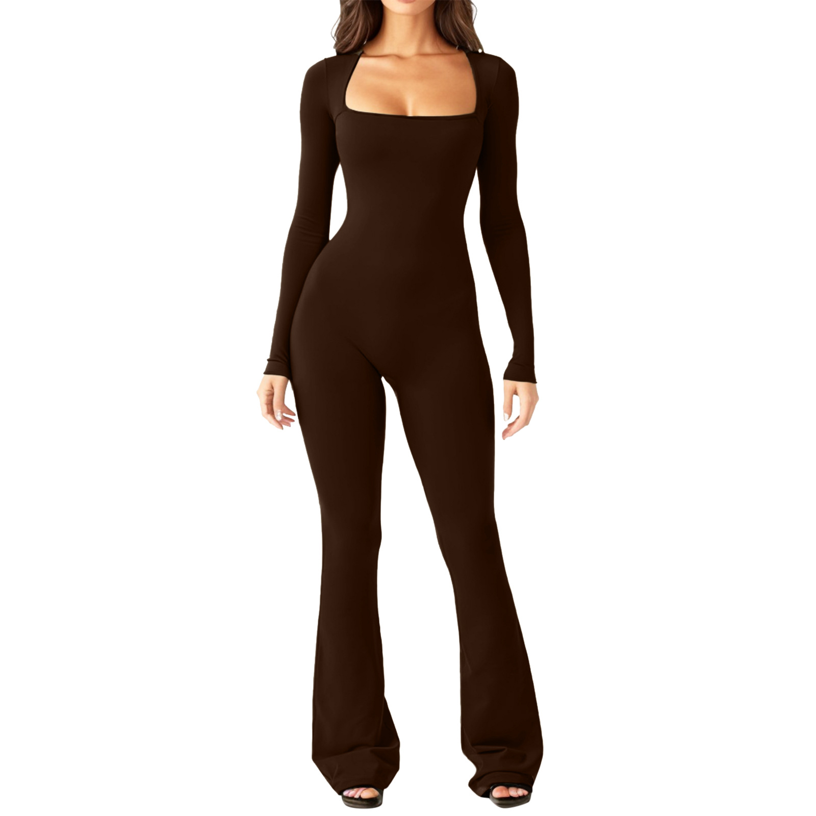 Long Sleeve Jumpsuits for Women Square Neck Wide Leg Full Length Romper One Piece Bodycon Flared