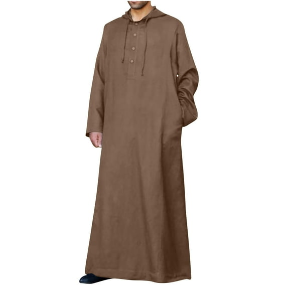 Long Sleeve Kaftan Thobe Cotton Linen Hooded Button Down Men Thobe with Pocket Big and Tall Kaftan Muslim Men Thobe