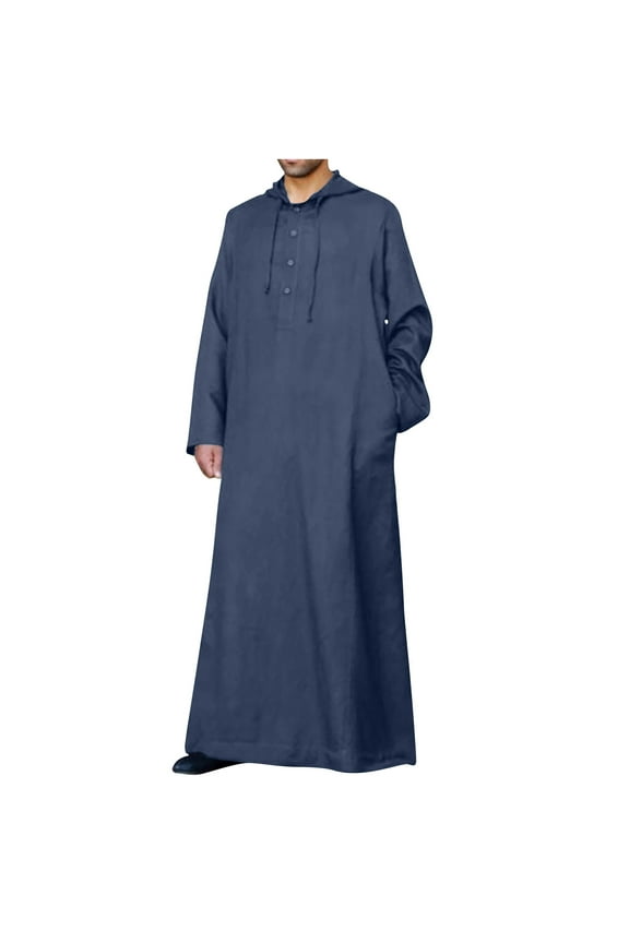 Long Sleeve Kaftan Thobe Cotton Linen Hooded Button Down Men Thobe with Pocket Big and Tall Kaftan Muslim Men Thobe