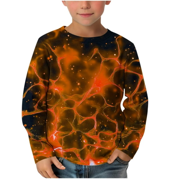 Long Sleeve Kids Cool Graphic Fire Tee Pullover Crewneck Top Boys Girls Comfy Casual Shirt Polyester Blend Soft Wear Childrens Size