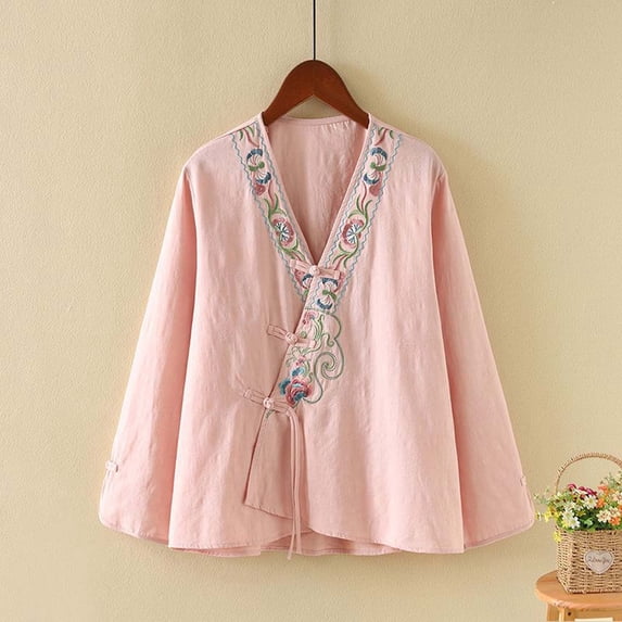 Long Sleeve Kimono Style Blouse for Women V Neck Embroidered Floral Frog Closure Relaxed Fit Lightweight Breathable Vintage Oriental Clothes