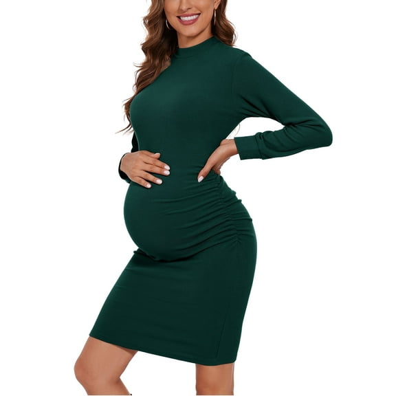 Long Sleeve Knit Maternity Dress Clothes for Women Ruched Bodycon Dress Pregnancy Clothes