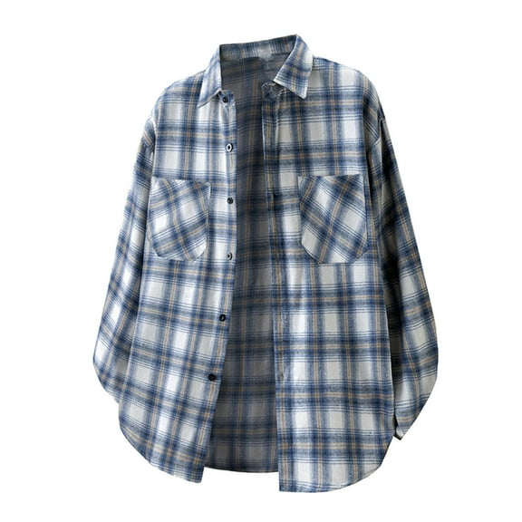 Long Sleeve Knit Plaid Color Shirt Jacket for Men Casual Button Down Stylish Shirts Regular Fit Blouses with Pockets (2XL, Blue)