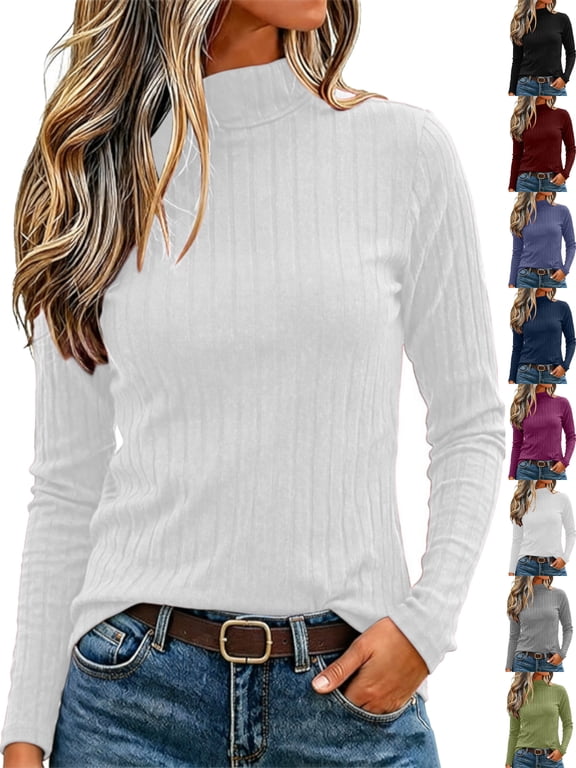 Long Sleeve Knit Shirts for Women Mock Neck Ribbed Pullover Slim Fit Casual Basic Everyday Fall Sweater Tops