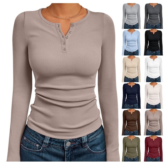 Long Sleeve Knit Tops - Women's Henley Shirts V Neck Button Down Blouses Womens Casual Slim Fit Basic Tunic Khaki XXL